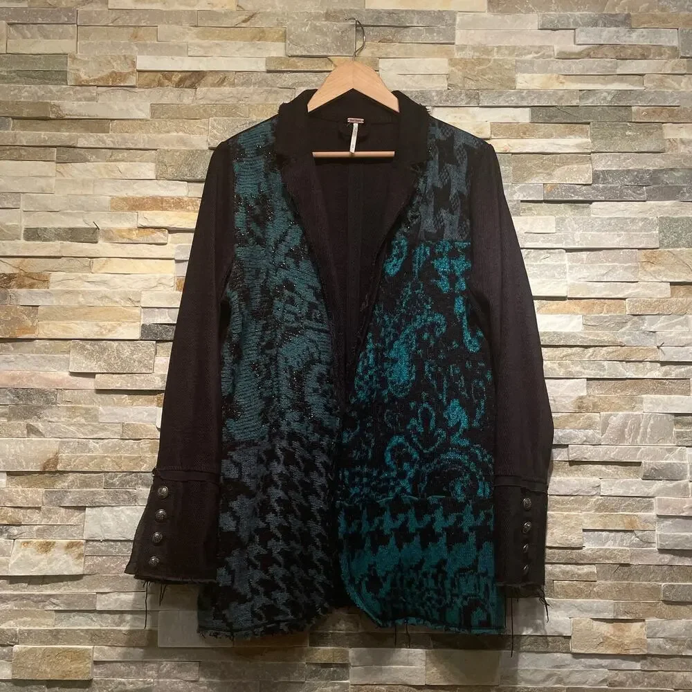 Free People Better Together Blazer M | Mixed Knit Jacquard Open Front, Oversized